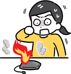 燃えているモバイルバッテリーと驚く女性