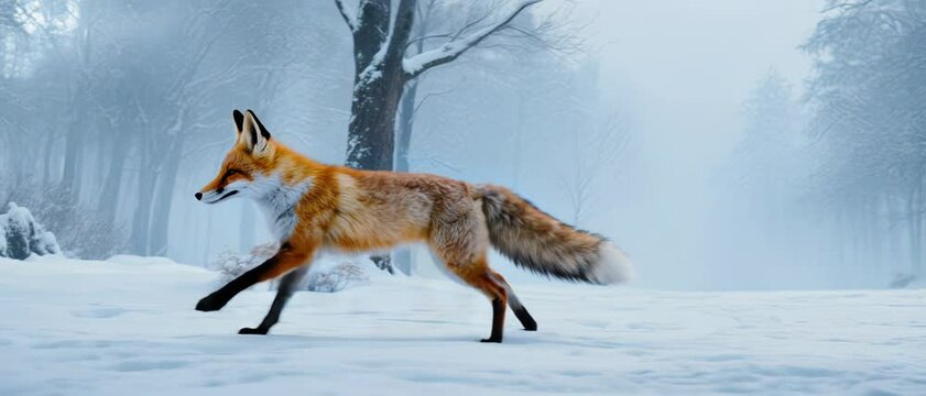Red fox running through snowy winter forest landscape, capturing the beauty of wildlife in the wilderness.