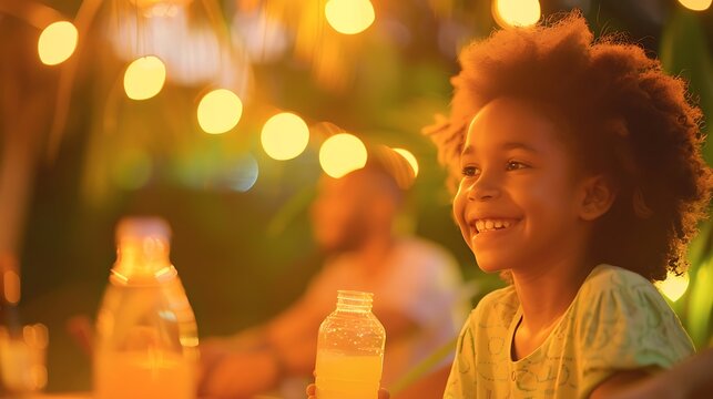 Joyful Child with Drink at Outdoor Evening Gathering