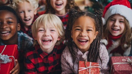 Happy diversity group of children celebrating Christmas with gifts and joy indoors  