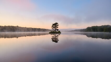 a serene lake reflects a solitary tree under a pastel sky.