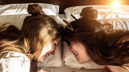 Smiling Women Lying On Bed Heads Touching In Warm Sunlight