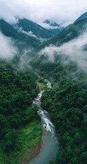 Misty mountain valley with river