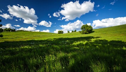 Obraz premium Sunny meadow, rolling hills, fluffy clouds