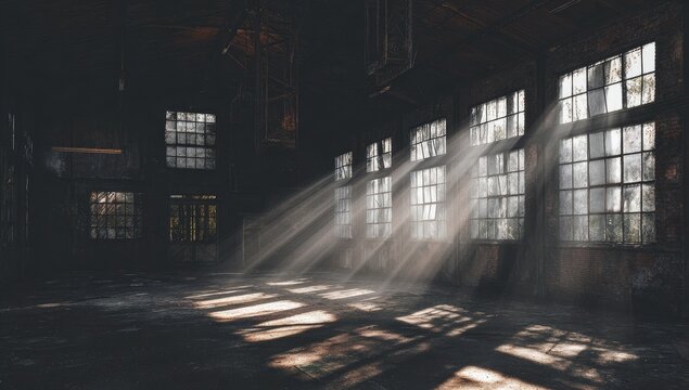 Sunbeams pierce a deserted factory
