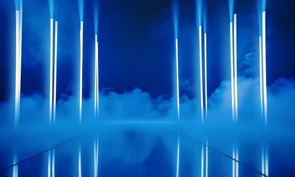 Dark blue background with fog and neon light tubes on the floor, stage design for a dance performance or concert, with a smoke effect moving from left to right.

