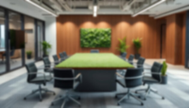 blurry office, interior of a modern office with a large meeting table, green theme, small plants in the corners of the room, office wallpaper.