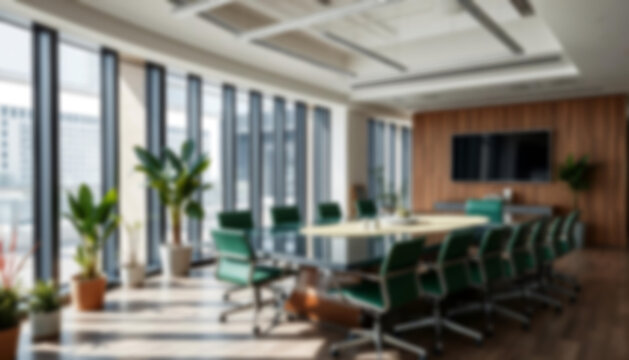 blurry office, interior of a modern office with a large meeting table, green theme, small plants in the corners of the room, office wallpaper.