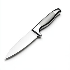 Sleek silver kitchen knife with ergonomic handle isolated on white background.