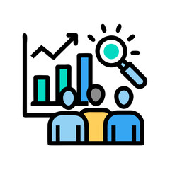Flat illustration depicts data analysis team performance, chart, and magnifying glass