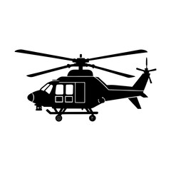 Illustration of a black helicopter with rotating blades in silhouette