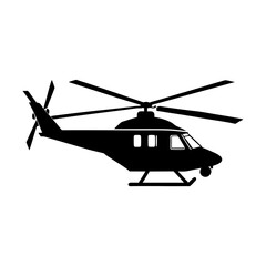 Silhouette of a helicopter with rotating blades against white space