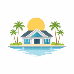 Obraz premium minimalist vacation home with pool palm trees. Minimalist concept of summer holiday, tropical escape