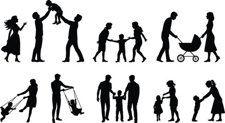 Happy family silhouettes playing with children, parenting moments, outdoor fun, family bonding illustration, childhood activities, father mother kids interaction