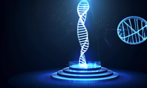 Abstract blue digital DNA and futuristic hologram on a dark background for technology, science, or medical concept design 