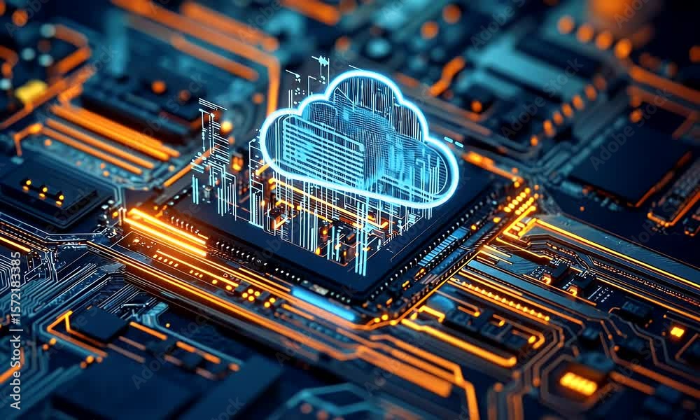 Poster a cloud icon is displayed on the chip, with an abstract building in blue and orange tones. the backg