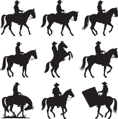 silhouettes riding horses on a plain white background