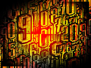 abstract numbers and letters black and yellow and red colors dark background, numbers overlap, fashion, decor, copy space