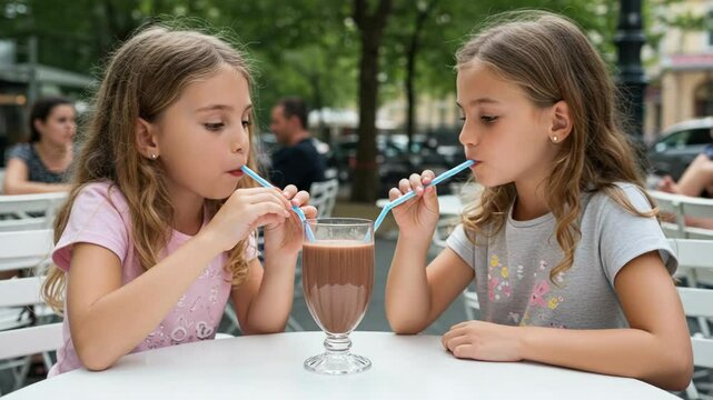 Two young girls share a chocolate milkshake with straws at an outdoor cafe