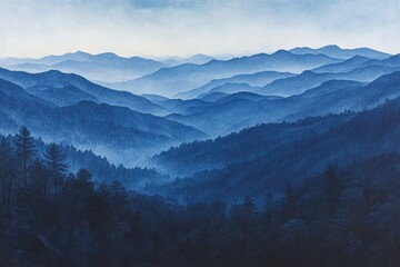 Fototapeta premium Serene blue mountain range landscape with layers of misty peaks and valleys, showcasing the depth and vastness of nature.