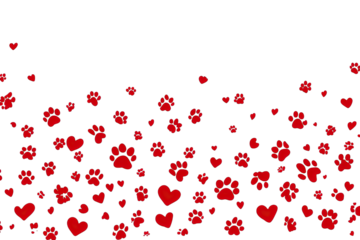 Red hearts and paw prints confetti on black background