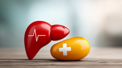 Healthy Liver Concept: A striking and symbolic representation of health, with a vibrant red liver and a yellow egg illustrating wellness in a crisp setting. Generative ai illustration