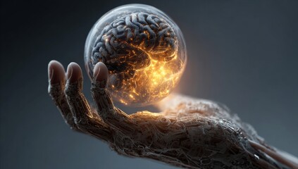 Futuristic Robotic Hand Holding Illuminated Brain Sphere in Science Fiction Style