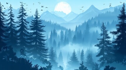 Fototapeta premium Misty forest with fir trees in retro style