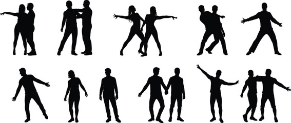 Silhouettes of dancing couples and individuals, partner dance moves, performance poses, expressive motion art, black figures, isolated people, movement concept, choreography
