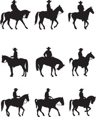 silhouettes riding horses on a plain white background