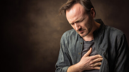 Middle-aged man with a strained expression, warm lighting highlighting his discomfort and tension.