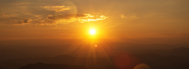 Banner Beautiful Mountain landscape foggy mountain green landscape morning sunrise. Amazing...