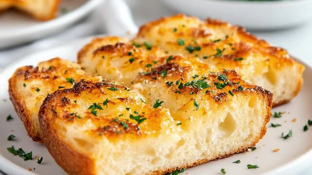 Golden Garlic Bread Delight: Slices of golden-brown garlic bread, garnished with fresh herbs, rest on a pristine plate, a visual invitation to indulge in the aroma and savory taste.