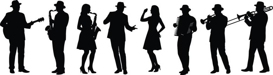 Silhouettes of jazz band musicians, playing instruments, men and women performers, music concert illustration, live performance art, vintage retro style