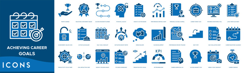 Achieving Career Goals Icon set. Trophy Earned, Milestone Achievement Badge, Success Roadmap Planner, Potential Unlock and Vision to Action Board