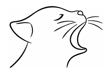 Black line art of a yawning cat head feline animal