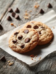 A top-down view of freshly baked cookies on parchment paper with crumbs and chocolate chips around, rustic wooden background, natural lighting, food commercial style, high realism.