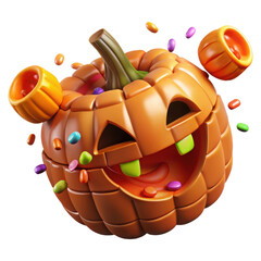 Joyful 3d halloween pumpkin character with candy flying around isolated on transparent background