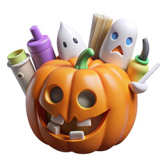 Whimsical halloween pumpkin with friendly ghosts and colorful objects isolated on transparent background