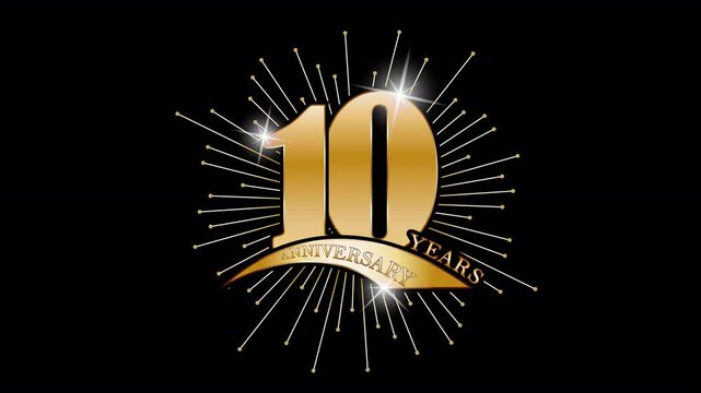Anniversary date 10 years. Golden stylized congratulation in the rays of fireworks and reflections. Idea for a congratulatory banner or icon for a website or application. Animated screensaver