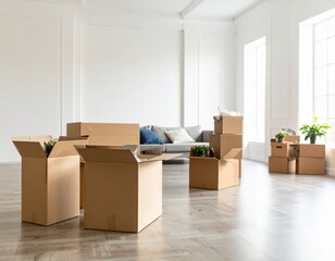 引っ越したばかりの明るい新居と段ボールのある暮らしの始まりGenerated image