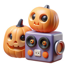 Cute 3d halloween pumpkins with a robot character and speakers isolated on transparent background