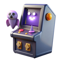 Cute purple ghost character playfully interacts with a vintage arcade game machine with glowing screen isolated on transparent background