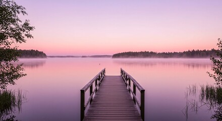 Obraz premium Serene lake view at dawn with mist and a wooden pier stretching into the water