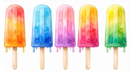 Watercolor popsicles in rainbow colors on wooden sticks for summer treats design