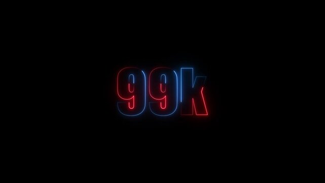 Abstract Neon Light 99K Letter Icon Animation on black background 4K Video, Thank you for 99k followers online social banner happy celebration