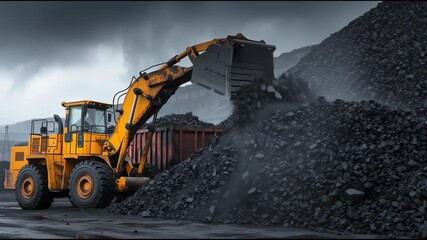 Heavy Machinery Loading Coal into a Steel Container