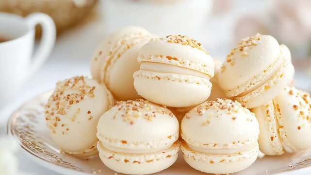 Delicate Macarons: A delightful pile of creamy macarons, delicately sprinkled with golden seeds, rests on an elegant plate, promising a sweet treat.