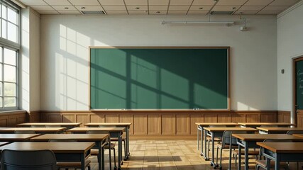Empty Traditional Classroom with Green Chalkboard - School Education Background