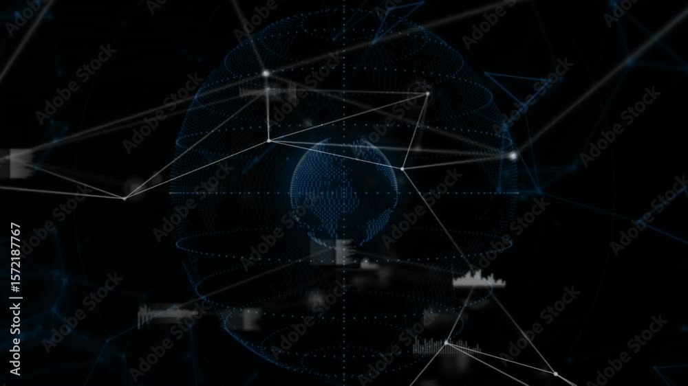 Poster Globe emerging on dark background waveform appearing network pulsing visualizing digital interface